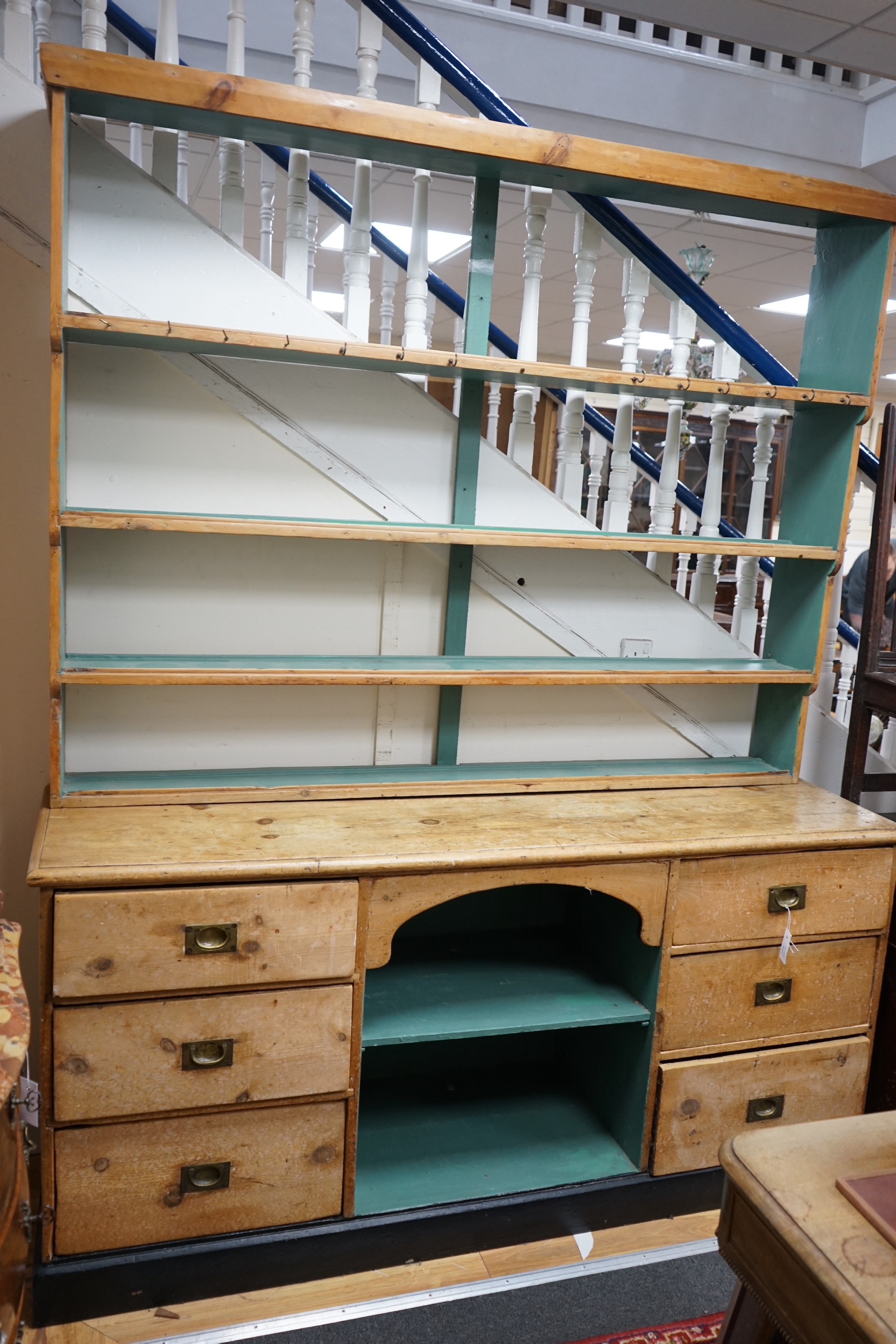 A large Victorian and later pine dresser, width 183cm, depth 55cm, height 216cm